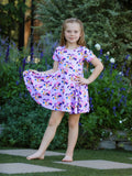 Girls Purple Print Short Sleeve Twirl Dress: 7