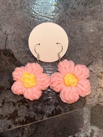 Pink yarn flower earrings