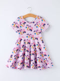 Girls Purple Print Short Sleeve Twirl Dress: 10/12