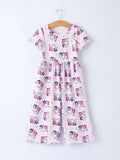 Purple Plaid Print Short Sleeve Girl Jumpsuit With Pockets: 10/12