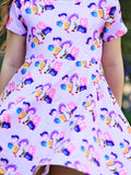 Girls Purple Print Short Sleeve Twirl Dress: 10/12