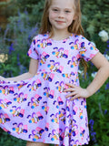 Girls Purple Print Short Sleeve Twirl Dress: 10/12