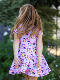 Girls Purple Print Short Sleeve Twirl Dress: 10/12