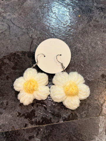 White yarn flower earrings