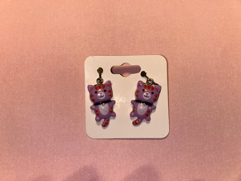 Purple cat clip on earrings
