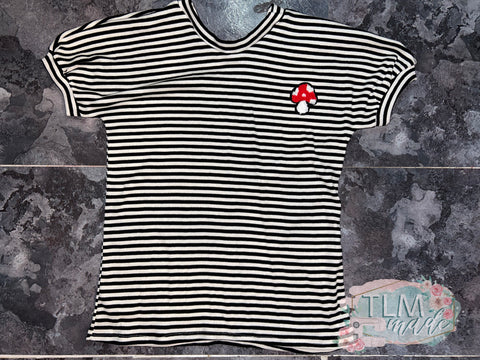 Striped shirt with mushroom patch 7